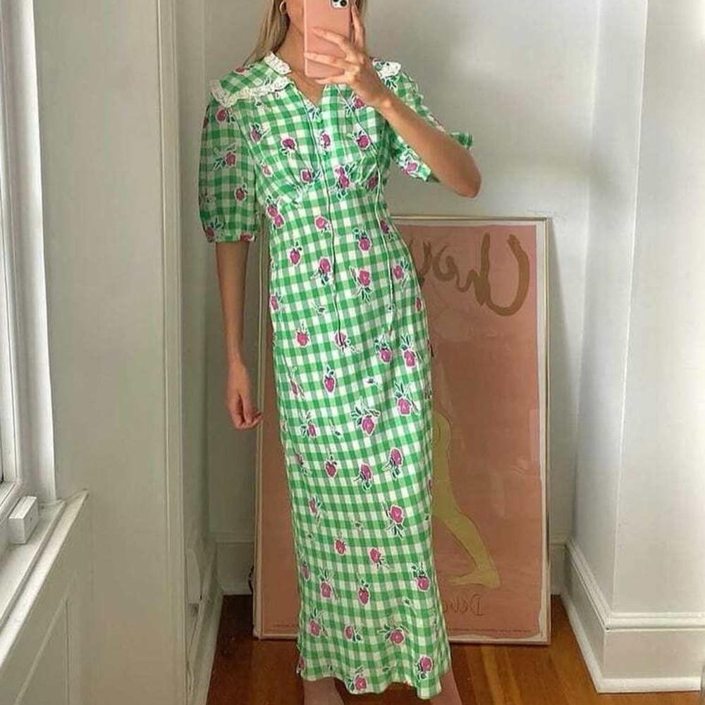 Rixo Gwen Green Gingham Dress with Pink Floral Accents